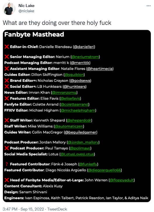 zdezuca's tweet photo. ¿Saben de los despidos de #Fanbyte que se dieron a conocer ayer y su relación con #Tencent?
Fanbyte es un medio de gaming creado en 2018, que empleaba aprox. unos 30 periodistas especializados, quienes recibieron un aviso espontáneo que ya no tenían trabajo.
Foto: @niclake https://t.co/1K2SO7v6E1