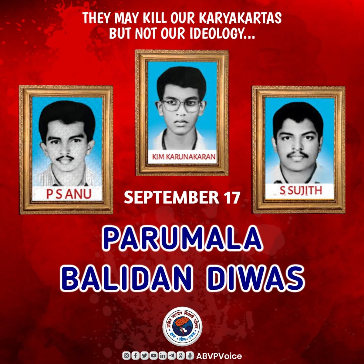 ABVPVoice's tweet photo. On this day in 1996, three ABVP karyakartas: Anu, Kim and Sujith were killed by SFI Goons in Parumala, Kerala, for resisting Naxal forces at Devasom College. 

Our humble tributes to them. Their supreme sacrifice inspires every student to root out the Naxals from Bharat. https://t.co/G1TWQ3OpUs