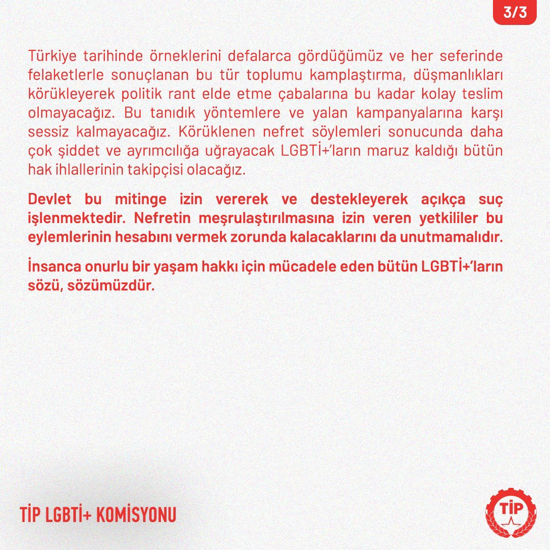Nefretin meşrulaştırılmasına izin vermeyeceğiz!

18 Eylül’de Saraçhane’de LGBTİ+ları hedef alacak nefret mitingine izin verilmesi kabul edilemez. İnsanca onurlu bir yaşam hakkı için mücadele eden LGBTİ+ların maruz kaldığı hak ihlallerinin takipçisi olacağız.