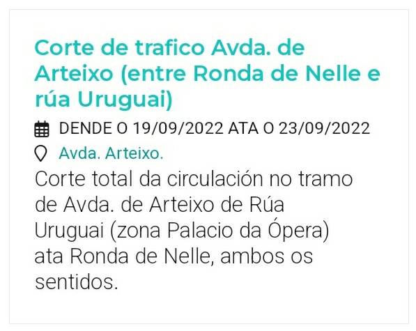 silcerino's tweet photo. ⚠️ #AvisoTráfico | Corte TOTAL da circulación no tramo de Avda. de Arteixo de Rúa Uruguai (zona Palacio da Ópera) ata Ronda de Nelle, ambos os sentidos.

👉 Desde as 10h00 do Luns 19 de Setembro ata as 19h30 do 23 do mesmo mes.

➡️ https://t.co/6JIHvt7I6v

#Coruña https://t.co/YNHS4EZTX3