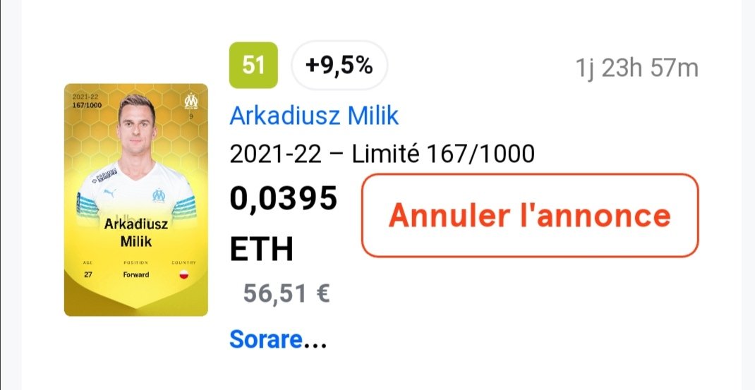 SorareOM's tweet photo. Je viens de mettre en vente Milik avec un gros XP au prix bas. Si ça intéresse quelqu'un..

#Sorare https://t.co/QQJmT55U44