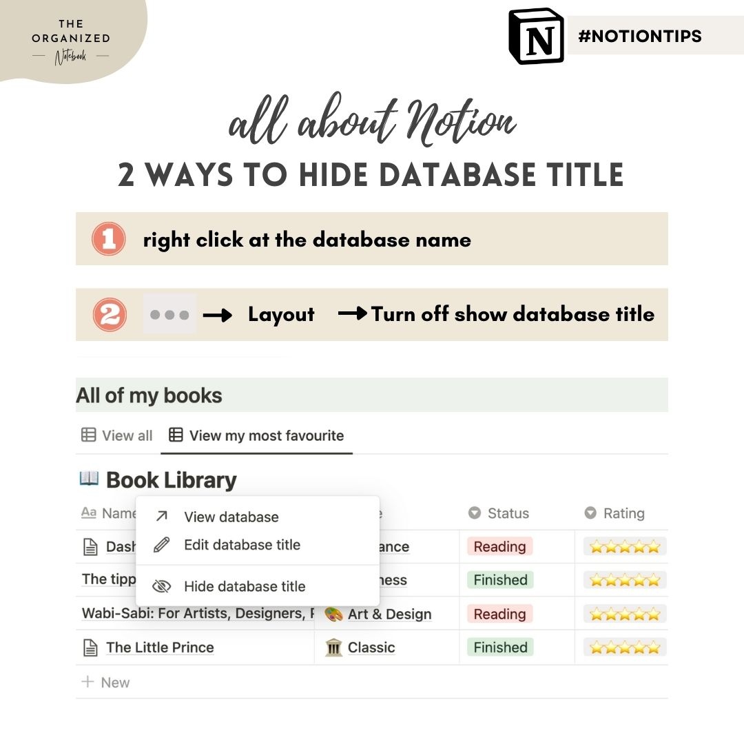 organizednote's tweet image. Database titles can look clunky when you want a minimal aesthetic on your Notion pages! ☺️ Here are two ways to hide them 🎉 #notion #notiontips #notiontutorial