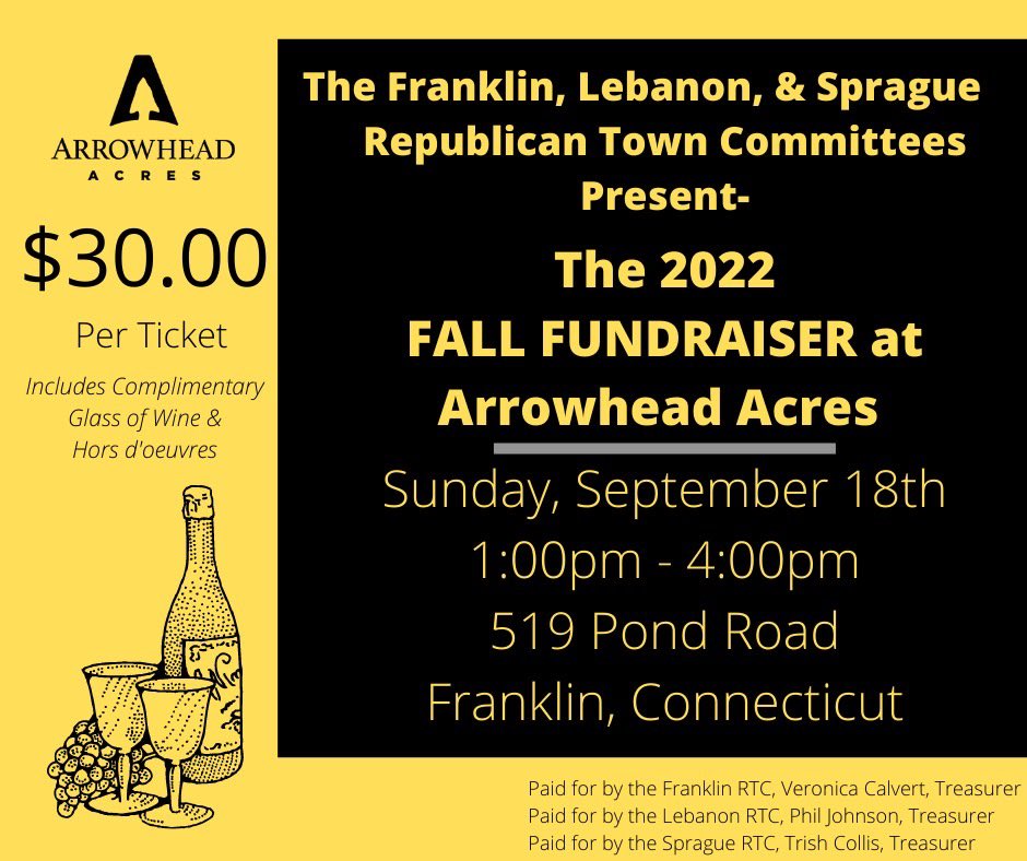 SpragueRTC's tweet photo. Please spend your afternoon with us tomorrow at the beautiful Arrowhead Acres in Franklin,CT. Join @MikeFranceCT2, @RockyForCT19, &amp; many more. For more information message us. Support your local republicans &amp; raise a glass! Cheers! 🥂 https://t.co/9OwVYGEvFl