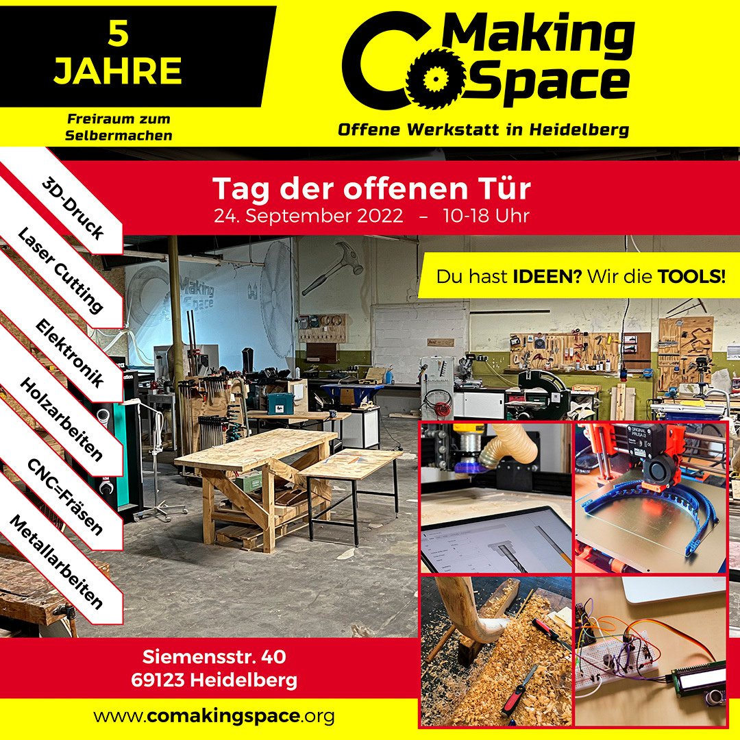 5 Jahre offene #Werkstatt in #Heidelberg - feiert mit uns!

Wir zeigen euch den Space und viele Projekte unserer Mitglieder und haben uns auch ein paar familienfreundliche Laser-, 3D-Druck-, Elektronik- und Upcycling-Stationen ausgedacht, bei denen ihr euch ausprobieren könnt.