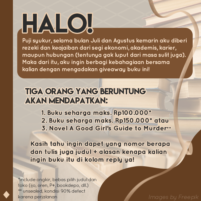 aria_cadenza's tweet photo. ⚡GIVEAWAY BUKU⚡

Aku mau ngadain GA buku untuk kalian!

✓ terbuka untuk siapapun
✓ hadiah untuk 3 pemenang
✓ silakan ikut dengan cara RT twit ini dan minimal 1 utas bertagar #prasetyamembaca (likes are appreciated)

Detail hadiah tercantum di gambar ya, semoga beruntung! https://t.co/mKNhnNnjkT
