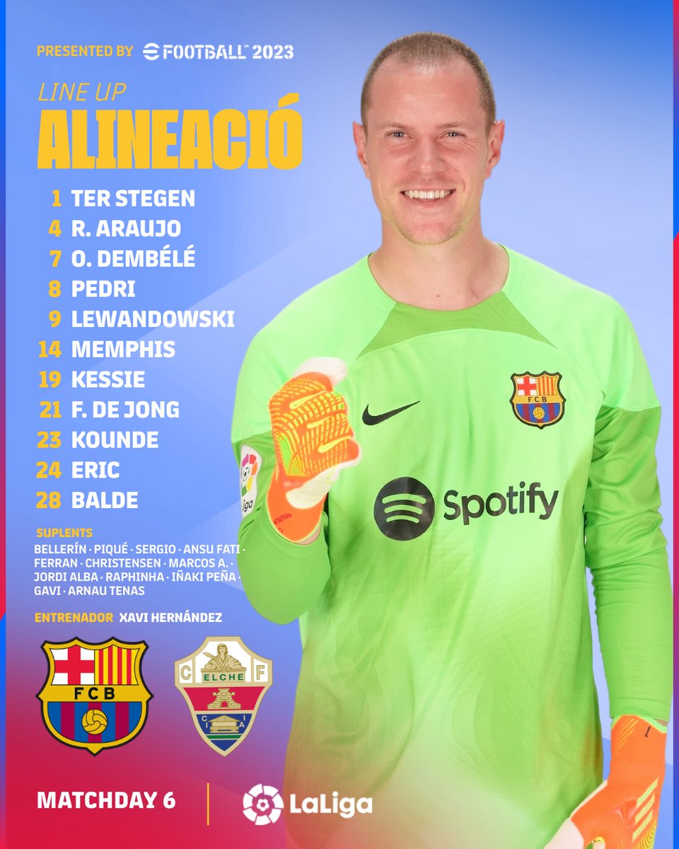 FCBarcelona_es's tweet photo. 👥 𝐀𝐋𝐈𝐍𝐄𝐀𝐂𝐈𝐎́𝐍

⚽ #BarçaElche https://t.co/LomgiaDK6p