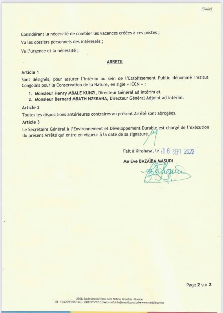 ProffacONG's tweet image. Mme Eve BAZAIBA a écouté la raison en déconnectant finalement Olivier Mushiete qui commençait à perdre raison en distribuant à tour de rôle les mises à pieds des directeurs de l&apos;ICCN, sans en avoir la compétence. Il vient d&apos;être remplacé par M. Henry MBALE KUNZI comme DG a.i.