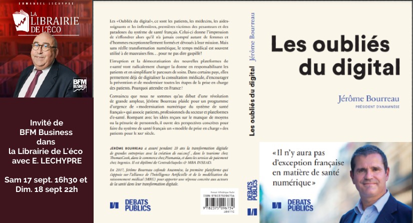 AnamneseMe's tweet photo. @Manu_Lechypre invite @Jbourreau à la @librairiedeleco pour présenter le #livre "Les oubliés du digital". Les oubliés ce sont les #patients pouvant profiter de plus de prévention, moins de perte de chance, mais aussi les professionnels de #santé dont on pourrait faciliter la vie. https://t.co/wxV8TVe7mL