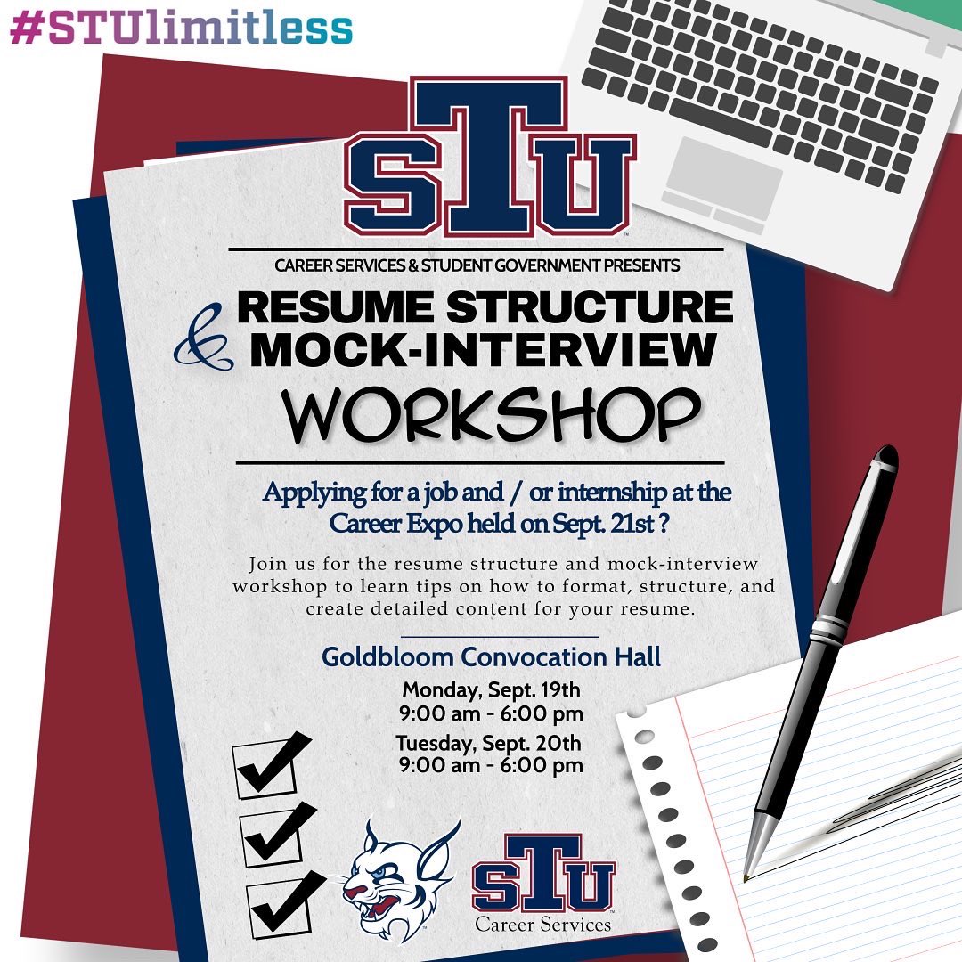 STU_SGA's tweet photo. Hey Bobcats, let’s get you #CareerReady‼️✅ Next week will be a series of events that will prepare you for the Career Expo. In collaboration with Career Services, and @Stufashionmiami to aid you in preparing for the #workworld and #lifeaftercollege ! 🔴🔵 #STUwards #stulimitless https://t.co/DwEsodYWoz