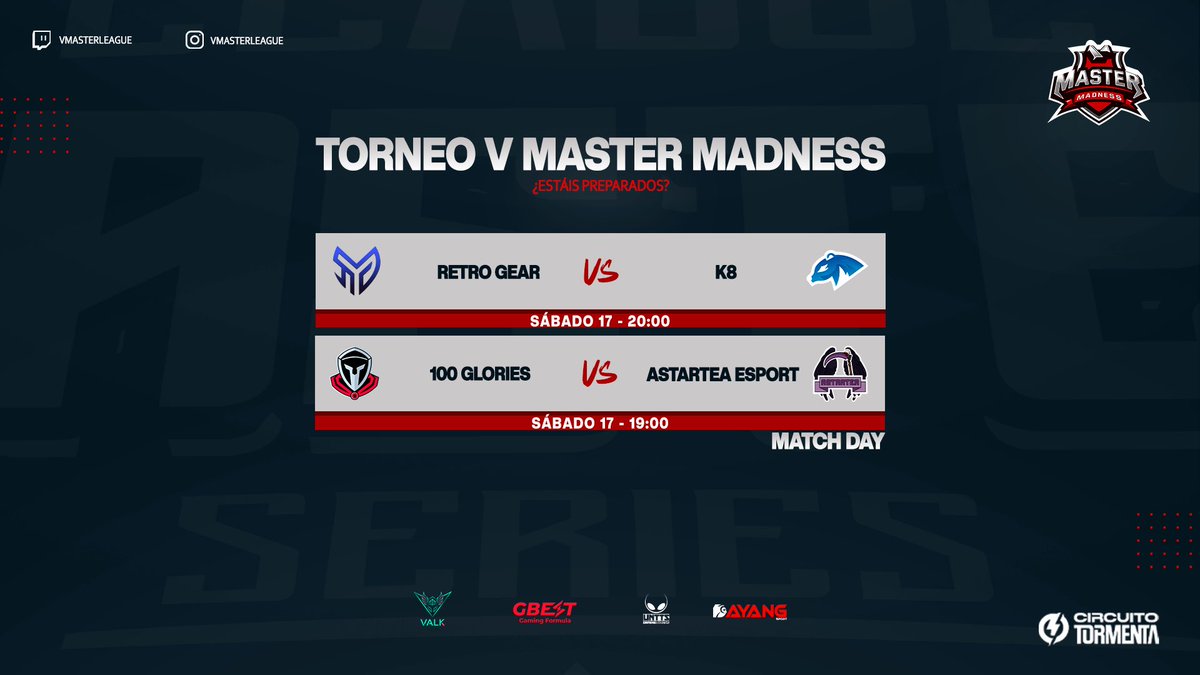 <a href="/vmasterleague/">Vmasterleague</a> no para!! Hoy seguimos con la jornada de Octavos de final!!

<a href="/RetroGearTeam/">Retro Gear e-Sports</a> vs <a href="/k8oficial/">Elieser Parizzi</a> 
<a href="/100glories/">𝕲𝖑𝖔𝖗𝖎𝖊𝖘</a> vs <a href="/AstarteaEsports/">Astartea Esports</a> 

📺 m.twitch.tv/vmasterleague/… 📺