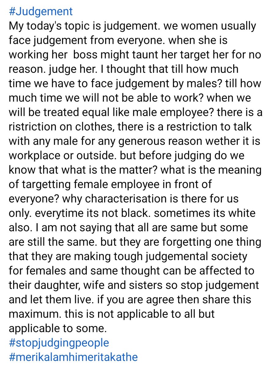 BansriAuthor's tweet photo. retweet if you support
#stopjudgingpeople 
#stopjudgingfemaleemployee
#merikalamhimeritakathe
#women #womenequality https://t.co/cEAY7hxepR