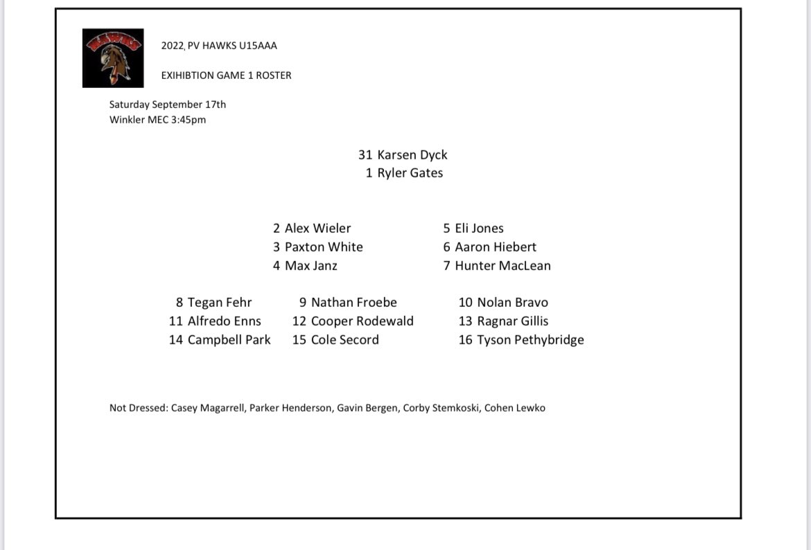 This afternoon’s roster for U15 Hawks vs <a href="/EastmanU15AAA/">U15 AAA Eastman Selects</a>. Game time 3:15 at Winkler Centennial arena