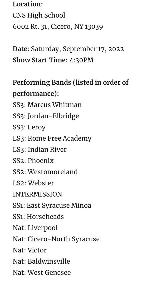 WestGeneseeCSD's tweet photo. Good luck to the West Genesee Wildcat Marching Band in competition later today at the Cicero North Syracuse (CNS) Starburst Show!!! (The show starts at 4:30 p.m.) #WildcatPride #ARiverRises #GoWildcats ๐๐๐พ๐ฅ๐ถ๐บ๐ท @WGFineArts @jdbillscnzm https://t.co/yvIZwQNk3e