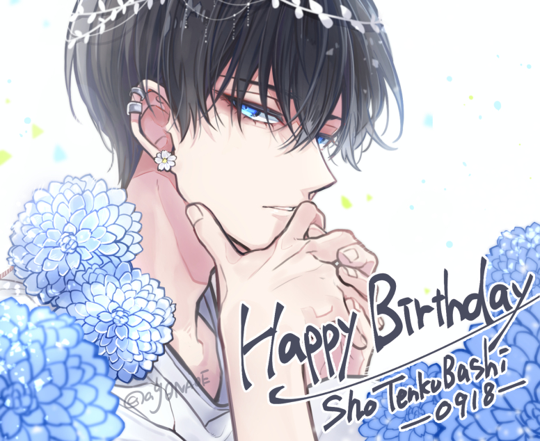 1boy male focus blue eyes flower happy birthday black hair earrings  illustration images