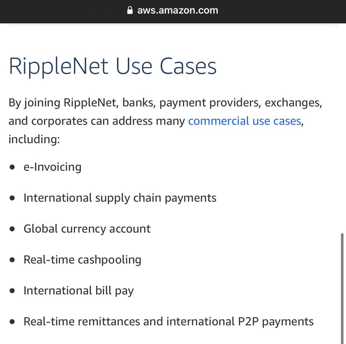 cowboycrypto313's tweet photo. #RippleNet Use Cases listed on Amazon’s Partner Profile. 👀 

1. E-Invoicing 
2. International Supply Chain Payments
3. Global Currency Account
4. Real-time Cashpooling
5. International Bill Pay
6. Real-time Remittances &amp; International P2P Payments 

https://t.co/8g2iZjfREa

#XRP https://t.co/fBxghuTX67