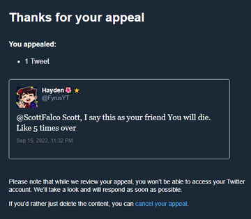 FyrusAlt's tweet photo. @TwitterSupport hi, I was locked out of my main twitter  because of a reply to a friend that, if read by an actual human, is a joke. I didn't violate any rules + I would really like my account back. I've heard that this has been an issue for a month+ so would like it back asap https://t.co/4FX3DmKOTM