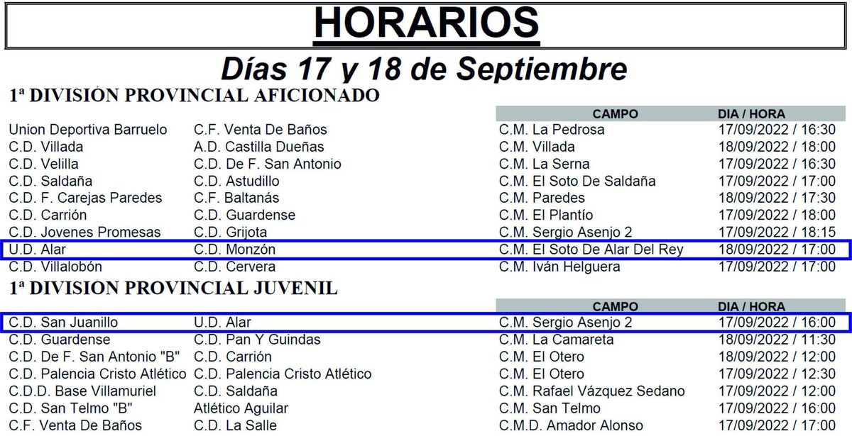 UDA1919's tweet photo. ⏰HORARIOS⏰

⚽️1ª Jornada de la 1ª División Provincial de Aficionados
⚽️1ª Jornada de la 1ª División Provincial Juveniles

#udalar ⚽️💙🤍 https://t.co/QpCps4WaWJ