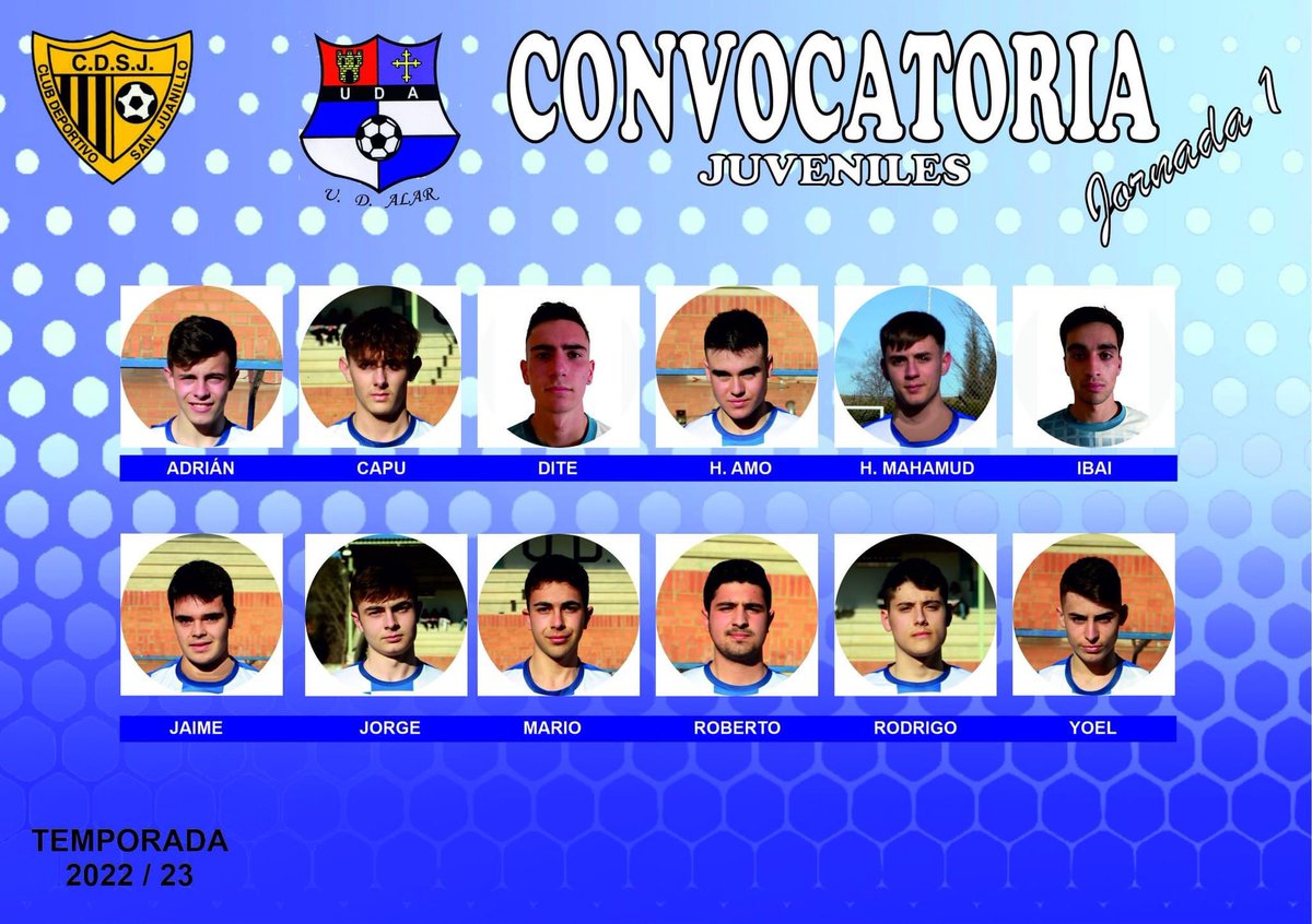 UDA1919's tweet photo. 🏃🏽⚽️Convocatoria de nuestro equipo JUVENIL que hoy sábado 17 de septiembre de 2022 jugará su partido de la 1ª Jornada de la Liga.

📍16:00h en el C.M. “Sergio Asenjo 2” de Palencia.
C.D. San Juanillo - U.D. Alar

#udalar ⚽️💙🤍 https://t.co/1DcrI6yFR3