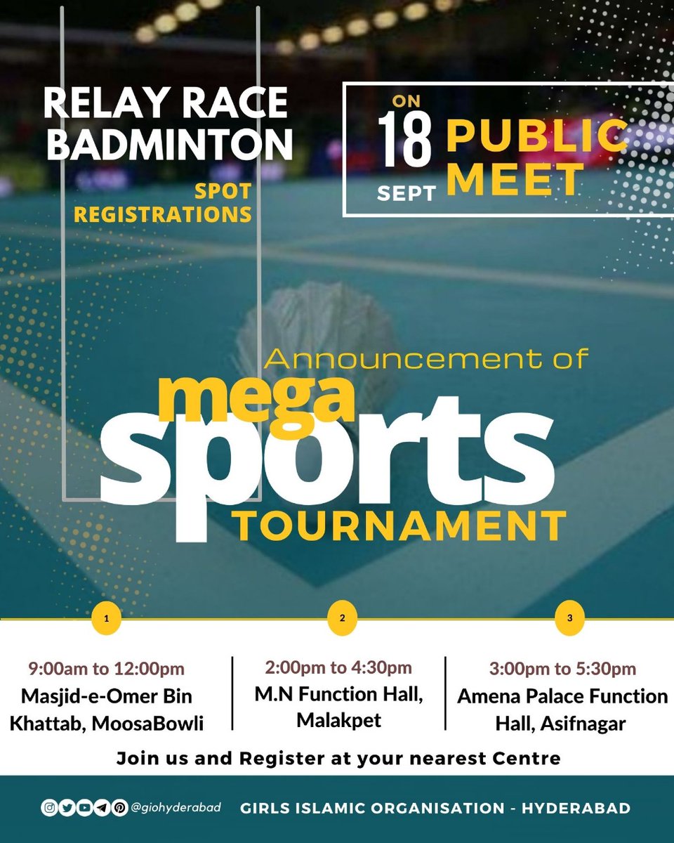 GIOHyderabad's tweet photo. Fasten your seat belts and get ready for the Mega Sports Tournament Announcements and Spot Registrations! In Public Meet being organised on 18th September 2022
#ExploreGIO #gio #sports #tournamemt
@JIHMarkaz @sioindia @JIHWomen @SIOHyderabad https://t.co/GKJp7NgAjf