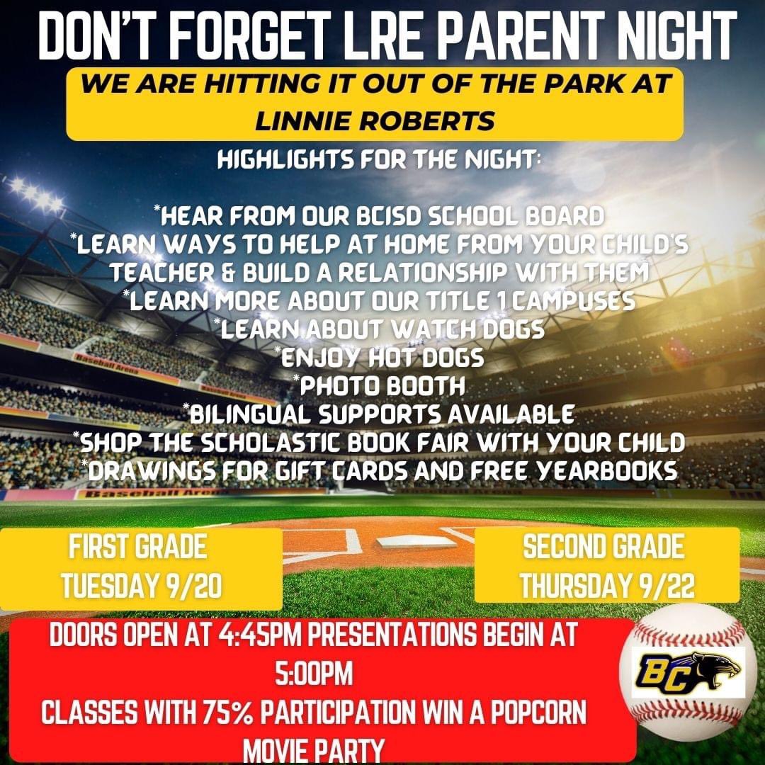 MWendelBCISD's tweet photo. Parent Night is this week at Linnie Roberts Elementary! https://t.co/h66cL5tbmJ