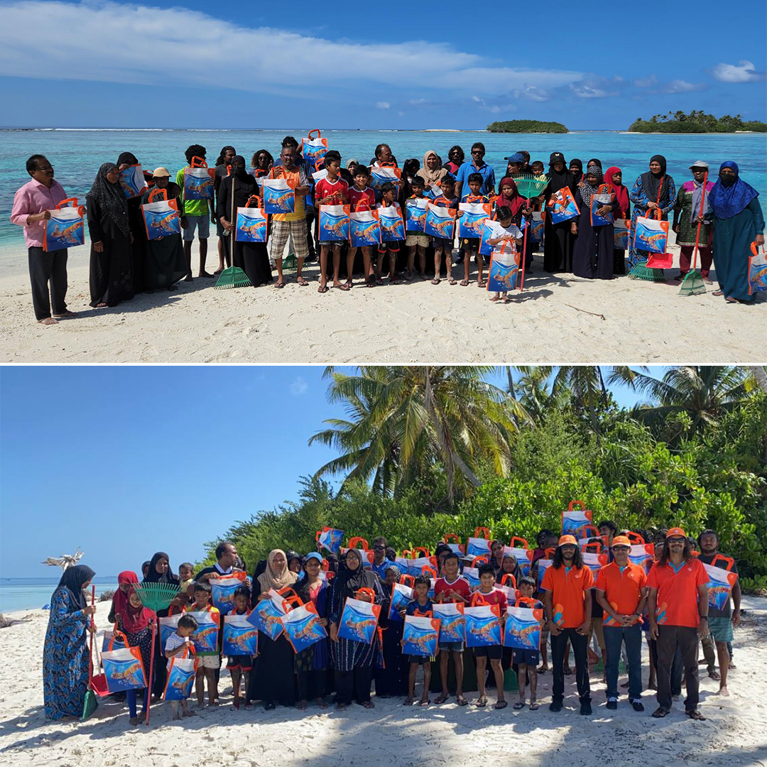 Dhiraagu's tweet image. To mark the #WorldCleanUpDay2022 our team today joined in on the cleanup event in ADh. Dhidhdhoo organized by the Women's Development Committee. We also distributed reusable bags to the community to minimise single use plastic bags in the island 🧡