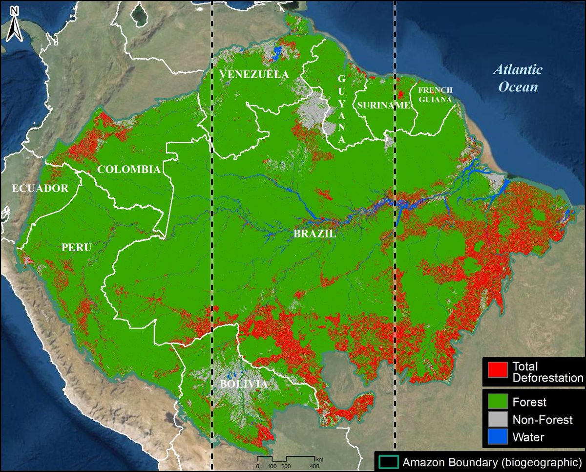 🚨Amazon tipping point Lots of vague info out there about tipping point, so we dig in with new report First, we recreate original Amazon biome Next, estimate all deforestation Key finding: 31% lost in eastern third of Amazon next to Ocean water source maaproject.org/2022/amazon-ti…