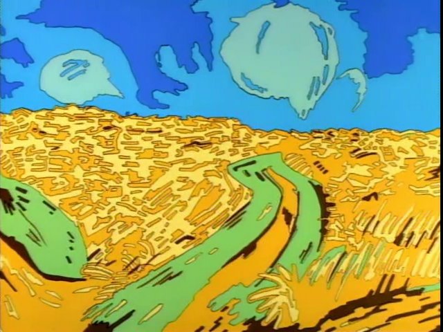 SimpsonSideshow's tweet photo. #crepesofwrath #vangogh painting scene is called #wheatfieldwithcrows a murder of crows is missing from #TheSimpsons parody but the reference is appreciated. Originally painted July 1890 by #vincentvangogh https://t.co/caBSCjRu7o
