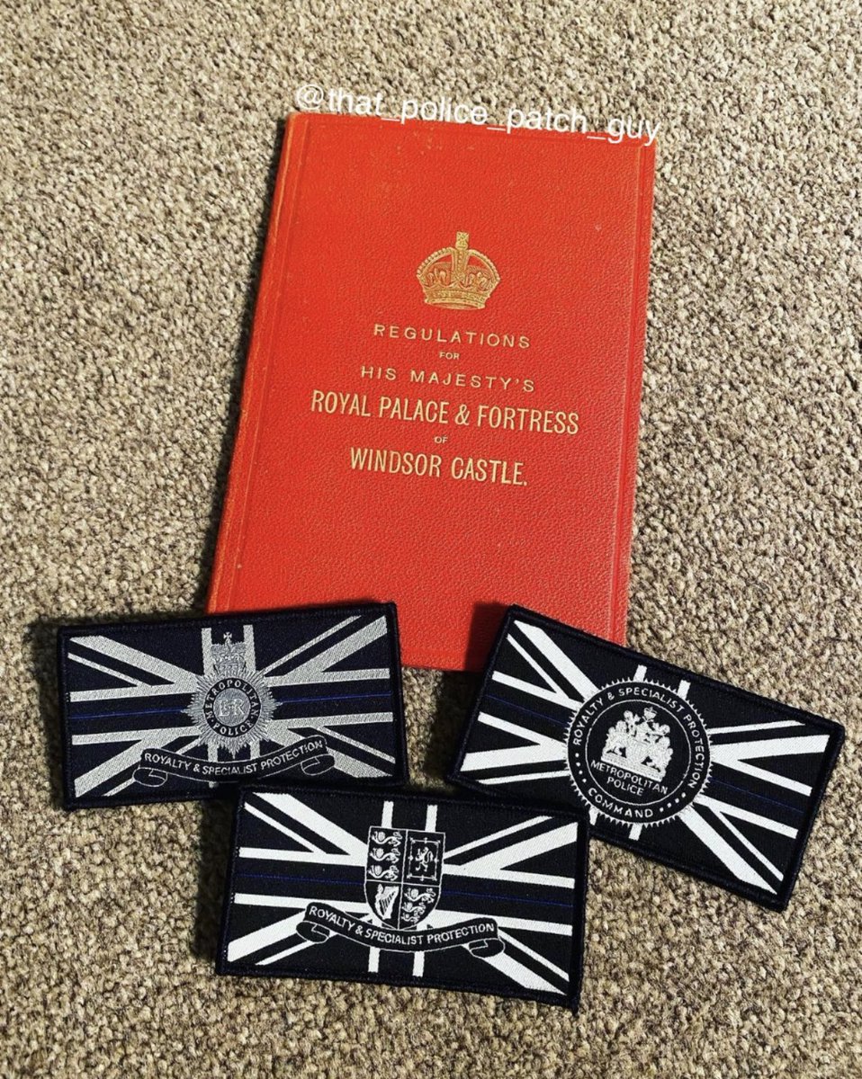 PolicePatch_Guy's tweet photo. Royalty Protection patches pictured alongside something old. An original copy of #WindsorCastle regulations detailing various responsibilities of constables (& above) in 1928. 94 years old and in pucker shape! #RoyaltyProtection #MetPolice #ArmedPolice #PoliceHistory https://t.co/4p5ZO3ccFe