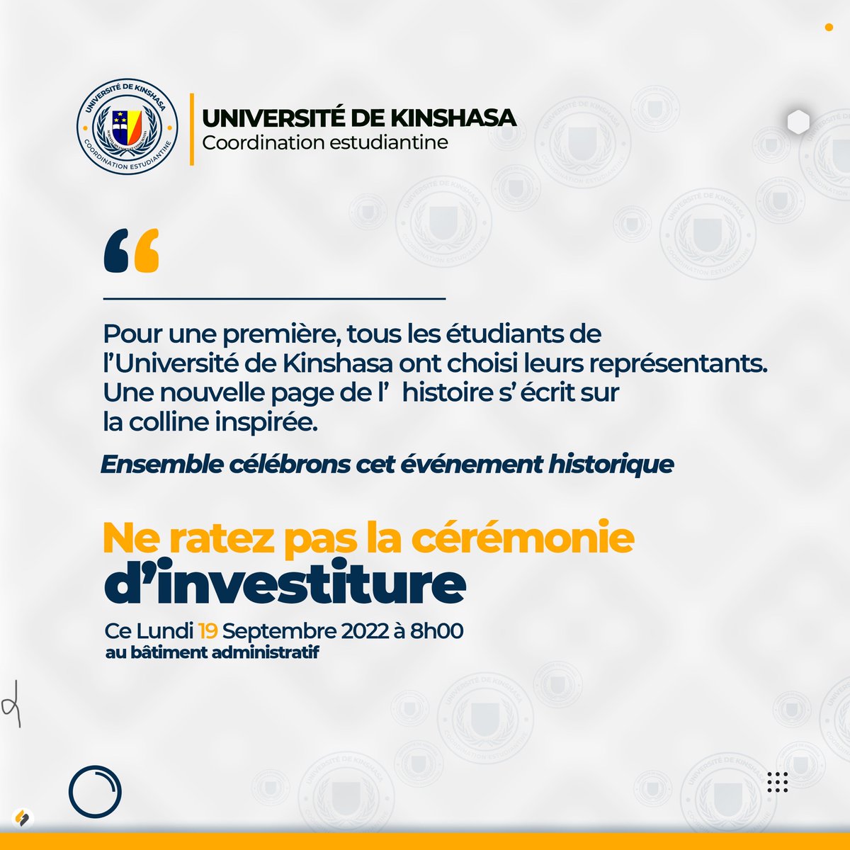 sharka_la's tweet photo. #BreakingNews🔴
#Unikin
C'est un évènement histoire.
Cette fois, les représentants des étudiants de l'Université de Kinshasa ont été élus par voie de suffrage Universel direct!
Nous vous invitons massivement à Prendre part à ce grand rdz, lundi 19/09/2022, à 8h00
📍MgrlucGillon https://t.co/Cji5bNna7r