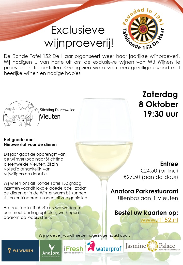 RoundTable152NL's tweet photo. Ook dit jaar organiseert Tafelronde 152 De Haar weer de #wijnproeverij, proef exclusieve #wijn en steun het #goededoel. Koop je kaarten op onze site en geniet 8 oktober van een heerlijke avond https://t.co/9nKUi1bHGA