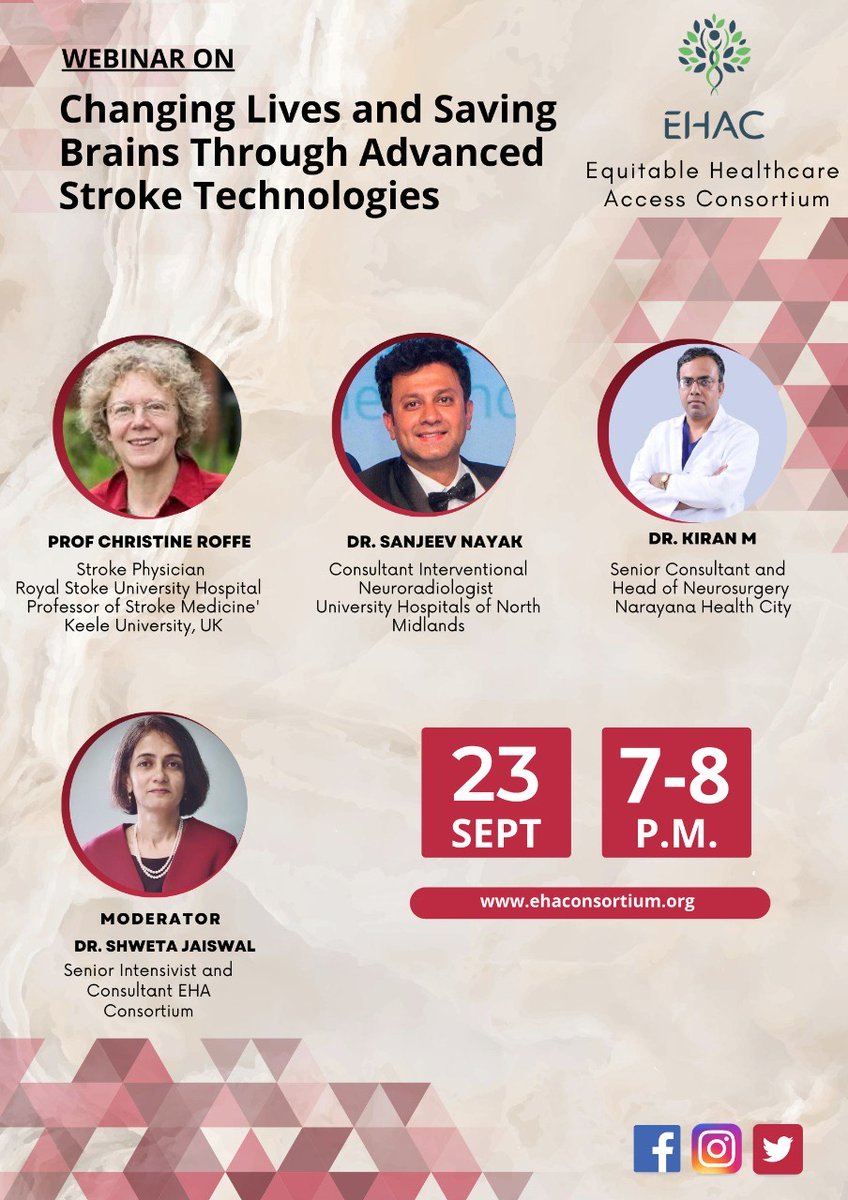 AccessEquitable's tweet image. On September 23rd from 7 PM to 8 PM IST, EHAC will host a webinar on "Changing Lives and Saving Brains Through Advanced Stroke Technologies." Join us for an insightful discussion with our distinguished panel of experts.

Video call link: meet.google.com/any-ppat-ybj

@Sanjnayak