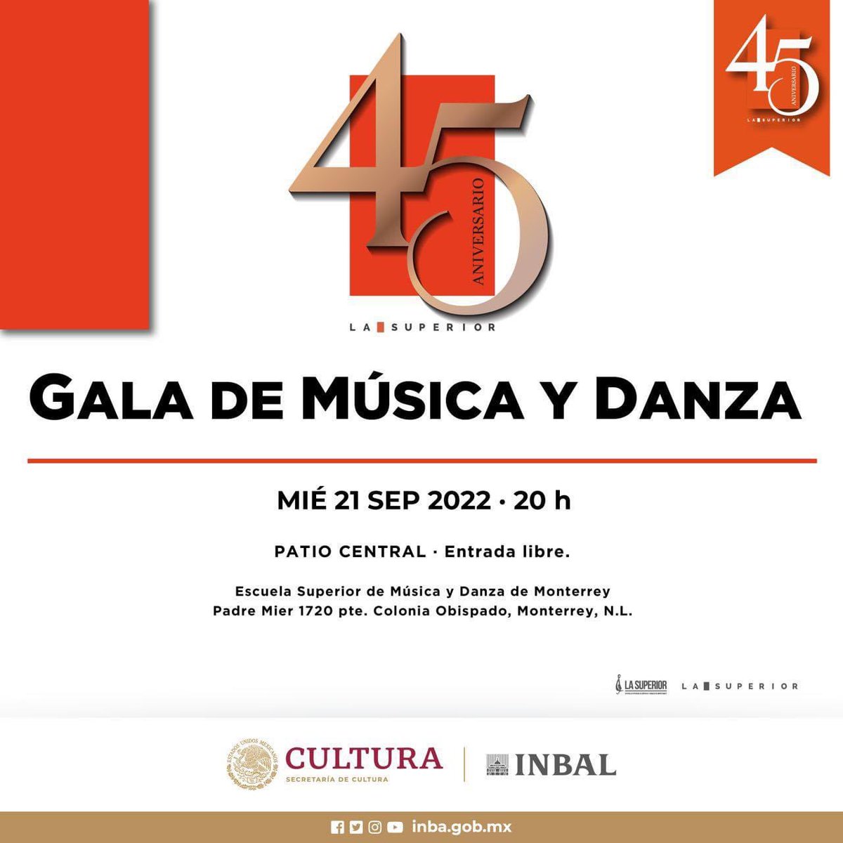 DanzadanceOrg's tweet photo. Gala de Música y #Danza
Por #45Aniversario de la Escuela Superior de Música y Danza de Monterrey. 
@lasuperioresmdm 
@bellasartesinba 
🎶🩰💃 en el Patio Central de la escuela, 🗓 miércoles 21 de septiembre de 2022 
20h #Entradalibre.

#INBAL #LaSuperior https://t.co/7az3Xvn6Dg