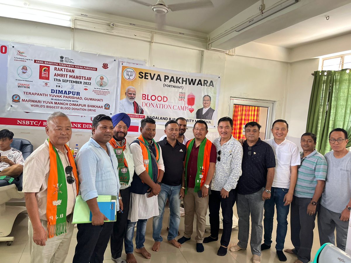 Glad to be part of the <a href="/BJYM/">BJYM</a> Mega Blood Donation drive in collaboration with <a href="/MoHFW_INDIA/">Ministry of Health</a> organized by <a href="/BJYM4NAGALAND/">BJYM Nagaland</a> in collaboration with <a href="/BjymDimapur/">BJYM4Dimapur</a>  as part of the #SevaPakhwada a fortnight of service.

#HappyBirthdayModiji

<a href="/JPNadda/">Jagat Prakash Nadda</a> <a href="/blsanthosh/">B L Santhosh</a> <a href="/Tejasvi_Surya/">Tejasvi Surya</a> <a href="/AlongImna/">Temjen Imna Along</a>