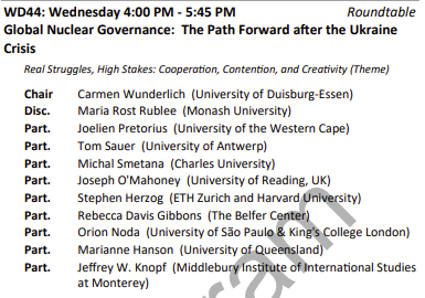 Alright, this is going to be a very interesting and probably heated debate with a bunch of very smart folks! Looking forward. #isa2023 #Montréal 
*
*
*
<a href="/CarmenWunderlic/">Carmen Wunderlich</a> <a href="/mariarostrublee/">Maria Rost Rublee</a> <a href="/jpaomahoney/">Joseph O'Mahoney</a> <a href="/HerzogSM/">Stephen Herzog</a> @RDavisGibbons <a href="/orionoda/">Dr. Orion Noda</a>