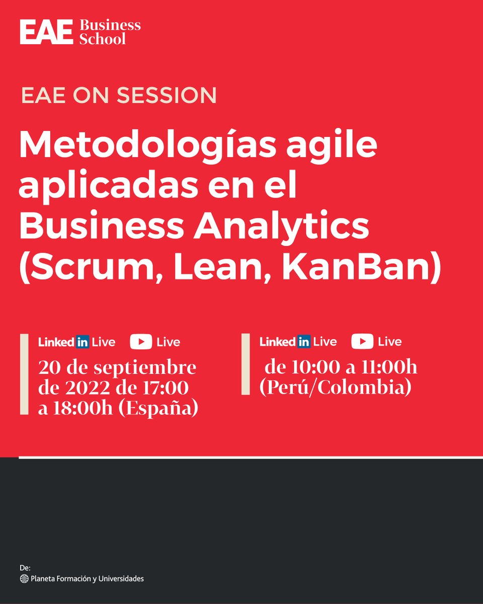 EAE_B_School's tweet photo. ¿Quieres conocer las metodologías agile y cómo aplicarlas dentro de tu empresa?
Descubre el mejor camino para hacerlo en nuestra próxima EAE ON SESSION: "Metodologías agile aplicadas en el Business Analytics".
👉 https://t.co/EROZEMRpnW
#EAE #WorkToChange #agile #EAEOnSession https://t.co/PPk8tauEdN