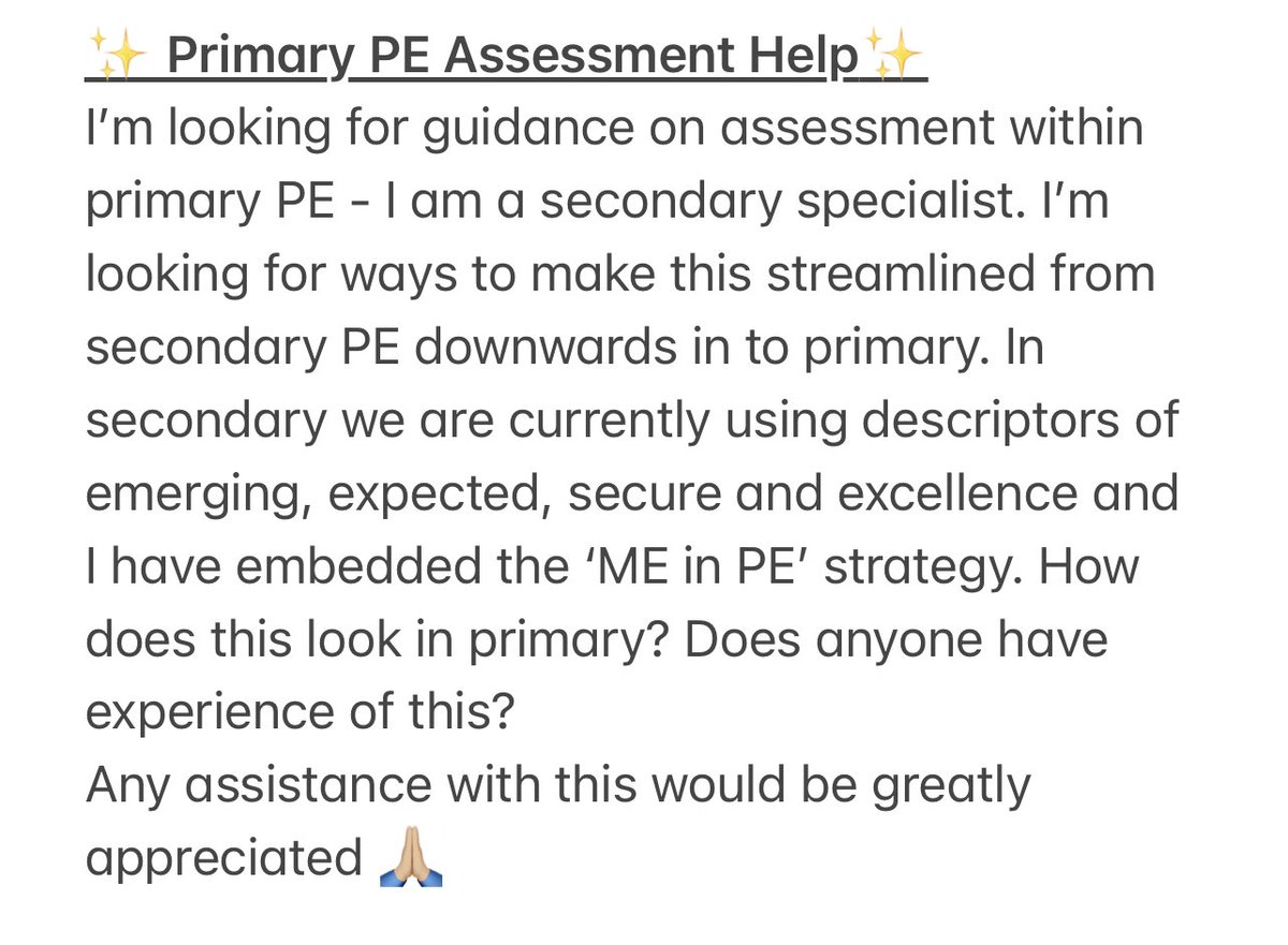 ✨ Primary PE Assessment Guidance✨ 
If anyone can help/ assist with the below I would be most grateful. What does primary PE assessment look like in your school? Background - the school has just opened and everything is being developed from scratch! #edutwitter #PEassessment