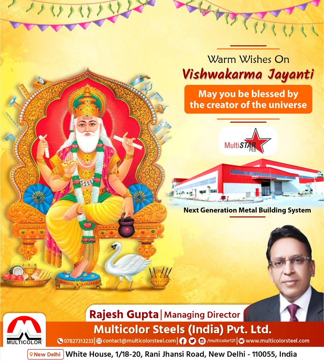 multicolor121's tweet photo. I wish you all a joyous Vishwakarma Puja!  may you be blessed with skills and creativity on this auspicious day. Happy Vishwakarma Jayanti to you and your entire family!
#Vishwakarmapuja
#विश्वकर्मावंदना#multicolor #steel #pebconstruction #rajeshgupta#navratrespecial # https://t.co/402BoxmzmE