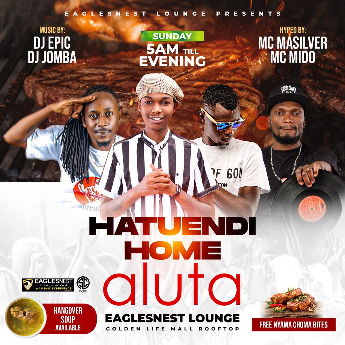 This Sunday Morning From 5AM till Evening…..
Aluta Aluta Pale ROOFTOP Nakuru At Eaglesnest Lounge and Grill
With Jay Epic | JombaDj Flame &amp; Mc Mido 🔥🔥🔥