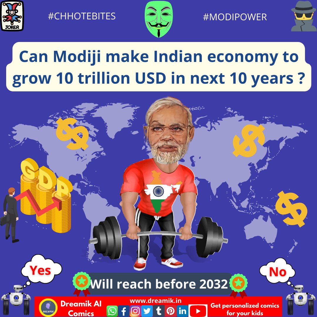 dreamikaicomics's tweet image. Can Modiji able to make Indian economy to grow 10 trillion USD in next 10 years?
1) No
2) Yes
3) Icing the cake: Will grow before 2032

#modicomics #chhotebites #parody #sarcasam #NarendraModi #modiji  #India #indianeconomy #growth #gdp #USD #GDPgrowth  #reels #dreamikaicomics