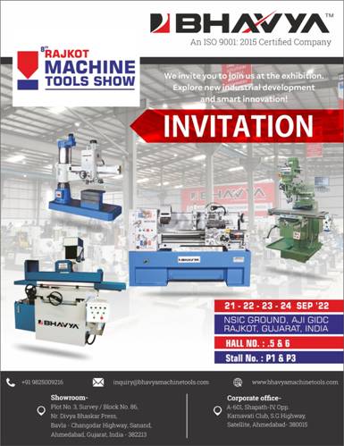 machinery_tools's tweet image. #BhavyaMachineTools is cordially inviting you to join at 8th #RajkotMachineToolsExhibition (Hall No. 5 &amp;amp; 6, Stall No. P1 &amp;amp; P3) from 21st to 24th Sep’22 at NSIC Ground, AJI GIDC, Rajkot, Gujarat, India. 
bhavyamachinetools.com
#bhavyamachine #exhibition #exhibition2022
