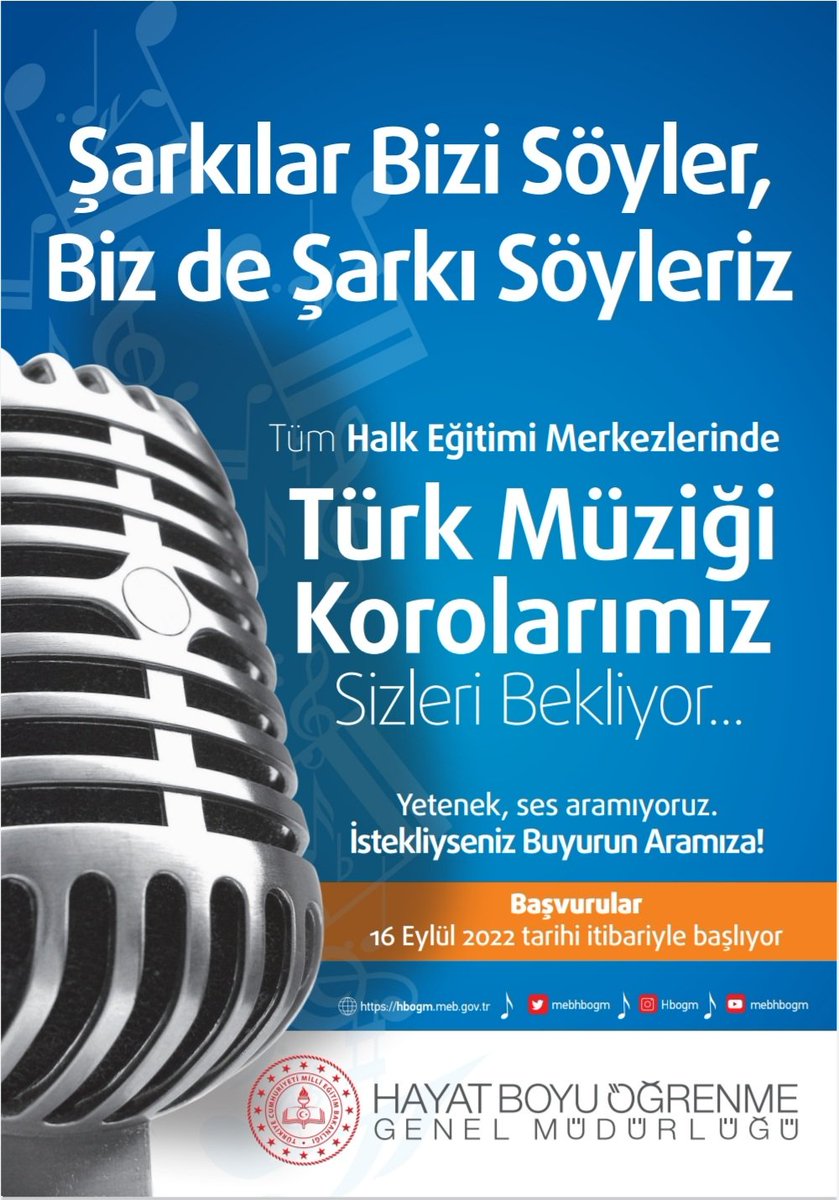 🎤 Şarkılar Bizi, Biz Şarkıları Söyleriz.

🎶Tüm Halk Eğitim Merkezlerimizde;
Türk Müziği Korolarımız Sizleri Bekliyor. 

🎙️Yetenek veya ses aramıyoruz❗
İstekliyseniz sizi de aramızda görmek isteriz. 

Başvurular 16 Eylül itibariyle başlıyor.

<a href="/tcmeb/">Millî Eğitim Bakanlığı</a> <a href="/skaygusuz/">Salih Kaygusuz</a> <a href="/mebhbogm/">MEB Hayat Boyu Öğrenme Genel Müdürlüğü</a>