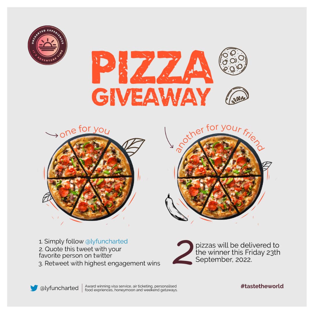 MaamaKampala21's tweet photo. Hey Good people🥳
Another giveaway is here for two pizzas 🍕 
Quote this and tag another person you would like to share the pizzas with
Meanwhile follow @lyfuncharted 
#At140k
#unchartedexperience https://t.co/QBLvQ7zT48