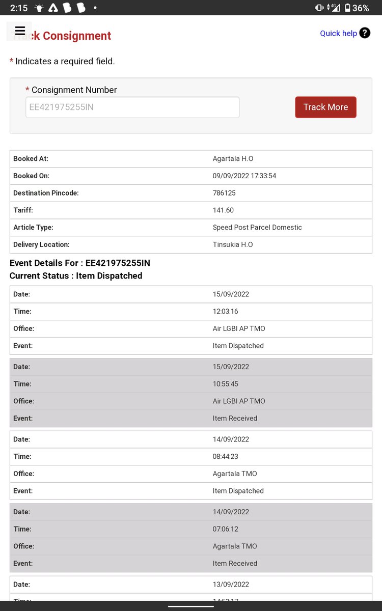 KAUSHIKiDUTTA's tweet photo. @IndiaPostOffice my india post parcel tracking number is EE421975255IN, I HAD booked this on 9.09.2022,7 day has been passed already, not yet delivered,no updates after 15.09.22.kindly look into the matter plz https://t.co/xZrk0Wt5Bk