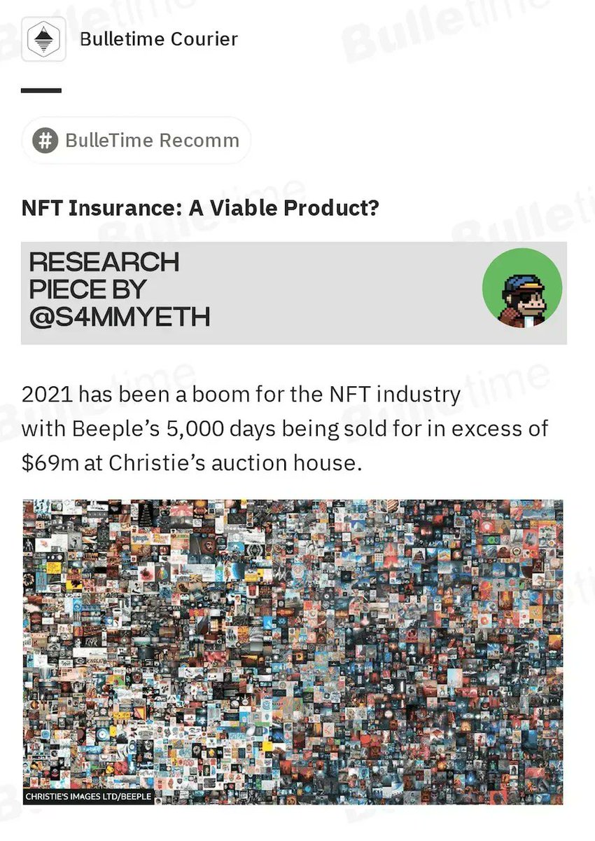 bulletimexyz's tweet image. 🔔 BulleTime Recommendations🔔 

🏘️ Is NFT insurance possible? 
👀 Check out this passage to discover it!
🔗 buff.ly/3xsbhzQ 

#NFT #Insurance #NFTinsurance