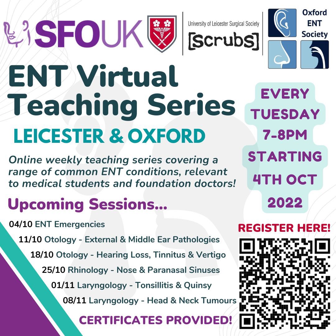 Check out this teaching series organised by @leic_scrubs and Oxford ENT society covering acute, emergency and chronic conditions in ENT! 🤓

#ent #medicine #surgery #medicalschool #medicalstudent #rhinology #otology #laryngology #surgical #surgeon #teaching