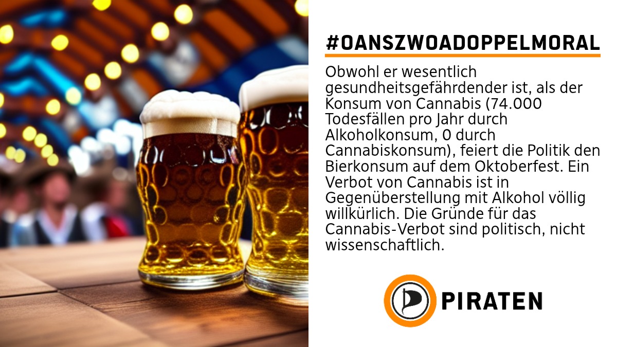 !B Bild: Bier auf dem Oktoberfest, Text: #OansZwoaDoppelmoral: Obwohl er wesentlich gesundheitsgefährdender ist, als der Konsum von Cannabis (74.000 Todesfällen pro Jahr durch Alkoholkonsum, 0 durch Cannabiskonsum), feiert die Politik den Bierkonsum auf dem Oktoberfest. Ein Verbot von Cannabis ist in Gegenüberstellung mit Alkohol völlig willkürlich. Die Gründe für das Cannabis-Verbot sind politisch, nicht wissenschaftlich.