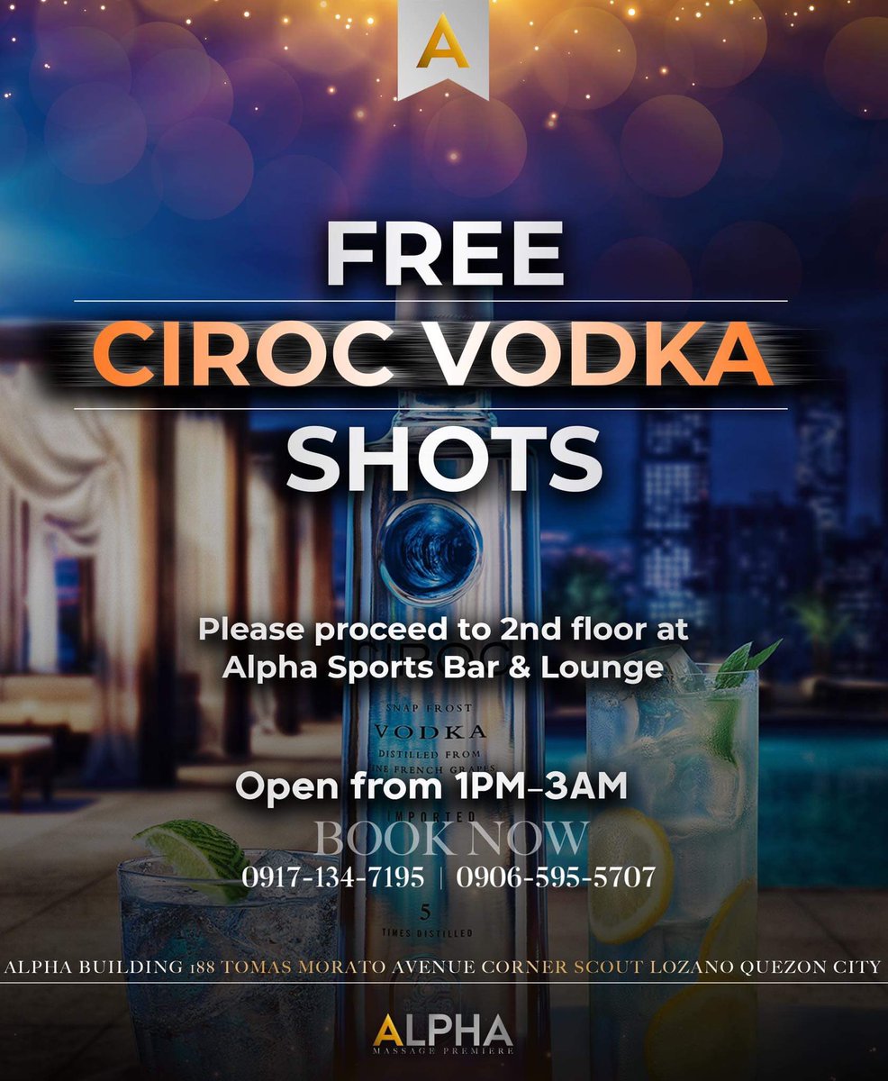massage_alpha's tweet photo. You're all invited to join the party FOR FREE!
Only #AlphaMassage gives FREE UNLIMITED CIROC VODKA when you join us for #SlumberSaturdays
FREE VIEWING PARTY OF #DRAGRACEPH at the lounge! Let's invite everyone to join us
RELAX.UNWIND.ENJOY:
That's the only goal for the weekend! https://t.co/gFsweDsMP6