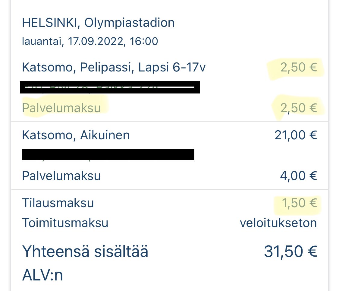 samililja's tweet photo. Miltä näyttää monopoli ja siitä aiheutuva vinouma? No siltä että #SuomenCup loppuottelussa lipun hinnasta 50% on @lippu_fi palvelumaksua (lisäksi maksan 1,50 eur ”tilausmaksun”).
Voisi sanoa, että saksalainen firma varastaa suomalaiselle urheilulle kuuluvat rahat. https://t.co/Pj4IwQ49dZ