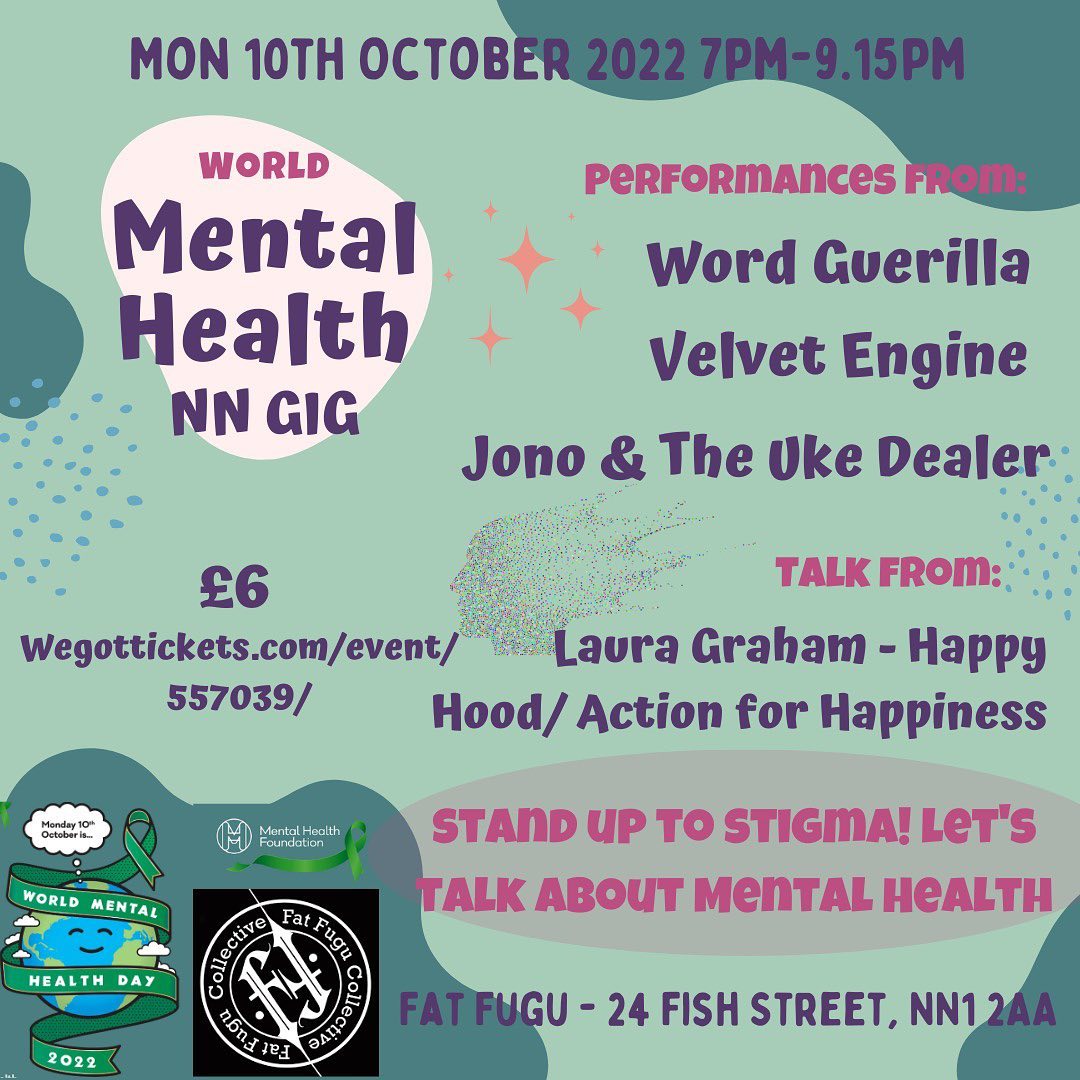 Next month's #WorldMentalHealthDay will see our very own Laura talking about #A4HNorthants at this mental health gig in #northampton Also enjoy performances by @velvetengine @wordguerrilla and @JONO_UKEDealers @TheHappyHoodNN