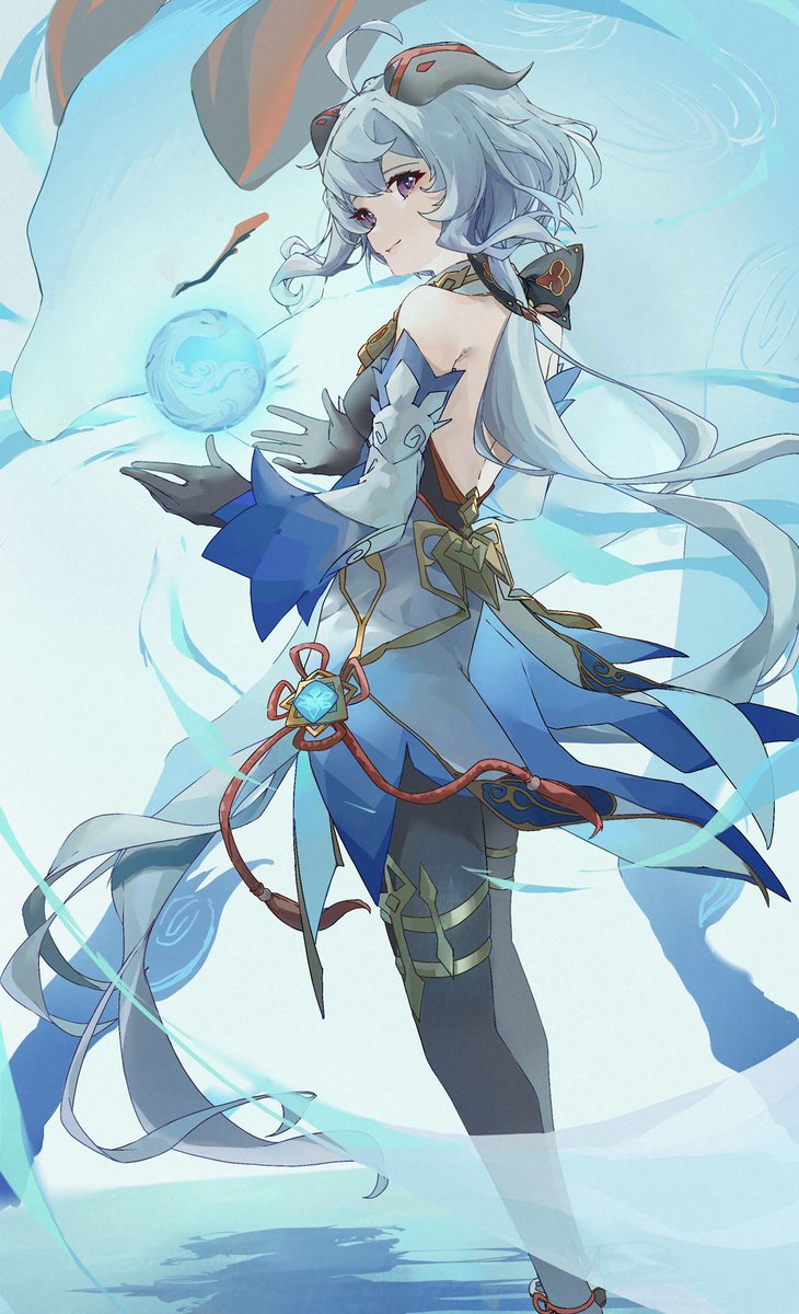 ganyu (genshin impact) 1girl horns long hair blue hair gloves detached sleeves orb  illustration images